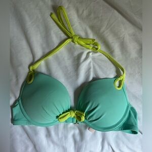 Victorias Secret Swim Halter Push Up Bikini Bra Teal/Neon Yellow Underwire 34B
